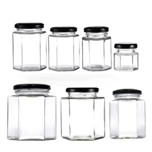 Unique Glass Hexagonal Jar with Aluminum Cap 45ml 500ml for Snacks Pet Food and Honey Storage