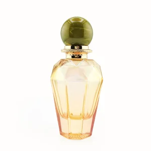Unique Irregular Shape Clear Glass Perfume Bottle 30ml 50ml & 100ml with Green Spherical Cap & Gold Accent & Crimp Neck