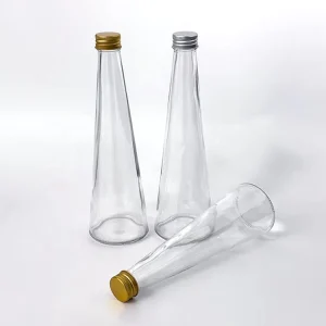 Unique Shape Glass Juice Bottles Conical Transparent Glass with sealed Aluminum Cover for Beverage Juice