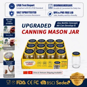 Upgraded Mason Jar with Easy Open Lid Glass Jar Food Grade Airtight Canning Jar with Twist Off Lid for Jam Sauce Pickle OEM ODM