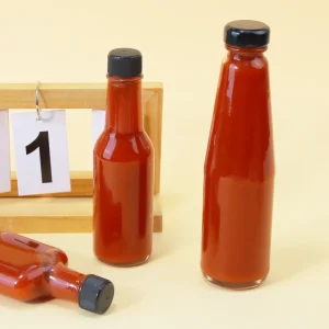 Various Styles Empty 3oz 5oz Clear Woozy Chili Salad Ketchup Hot Sauce Glass Bottle with Black Lid