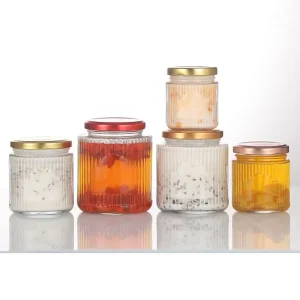 Vertical Stripe Round Transparent 380ml 500ml Jam Honey Jelly Glass Storage Jar With Metal Airtight Lids
