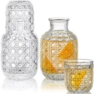 Vintage Bedside Water Carafe Bottle Set with Embossed Design, Leak-Proof Base, and Tumbler Glasses