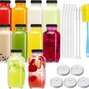 Vintage Reusable Clear Glass Water Bottle 16oz with Lid, Brush and Glass Straws
