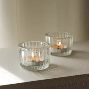 Vintage Ribbed Clear Glass Pillar Candle Holder, Hand Blown