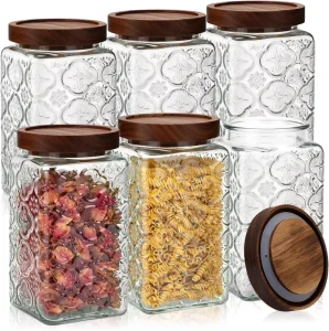 Vintage Square Begonia Pattern Glass Mason Jar with Airtight Lid, Dishwasher Safe