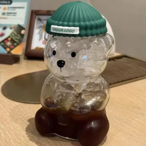 W122 Custom LOGO Clear Cute Bear Bottle Drink Water Bottle With Lid Gift Glass Coffee Beer Cup With Beanie Lid