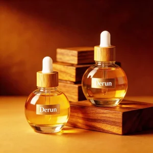 Waterproof Shimmer Oil Glass Bottle 20ml 30ml 50ml with Bamboo Cap, Frosted Round Ball Shape, and Dropper