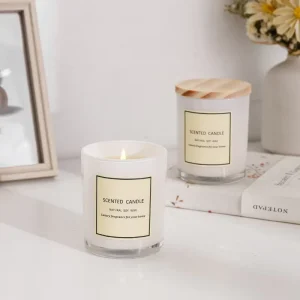 White Frosted Glass Jar Aromatherapy Scented Candle with Wood Lid, Vegan, Handmade