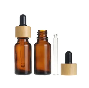 Wholesales 5ml 10ml 15ml 20ml 30ml 50ml 100ml Amber Serum Essential Oil Glass Dropper Bottle with Bamboo Cap