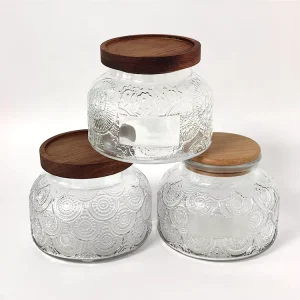 Wide Mouth Carved Glass Canning Jam Jar Food Grade Begonia Pattern Glass Canister with Airtight Acacia Lid for Food Condiments