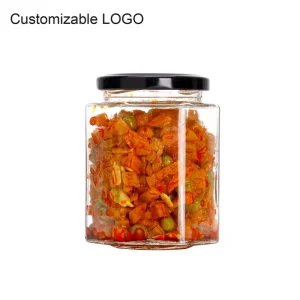 Wide Mouth Clear Hexagonal Glass Jar for Nuts Sauce Honey Pickles Jam with Screw Metal Lid