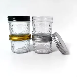 Wide-Mouth Diamond Glass Mason Jar with Screw Metal Lid for Caviar, Honey, Sauce, Jam, Jelly and Sugar