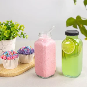 Wide Mouth French Square Clear Glass Bottles for Juice and Beverages