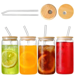 Wide Mouth Lovely Reusable 16oz 500ml Transparent Food Grade Glass Mason Drinking Bottle Screw Cap Straw Screen Printed Reed