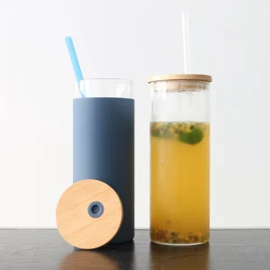 Wide-Mouth Reusable Glass Coffee Tumbler with Straw, Bamboo Lid, Silicone Sleeve, and Custom Color
