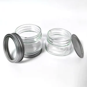 Wide Mouth Small Glass Jar with Silver Cap for Peanut Butter, Caviar, Honey and Hot Sauce