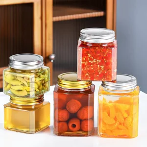 Wide Mouth Square Glass Food Storage Jar with Gold Lids 250g 380g 500g for Honey Jam