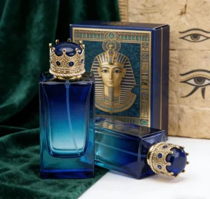 YC GLASS Luxury Square Matte Egyptian Pharaoh Style Gradient Blue Glass Perfume Bottle Crown Cap Lids 30ml 50ml 100ml Bottle